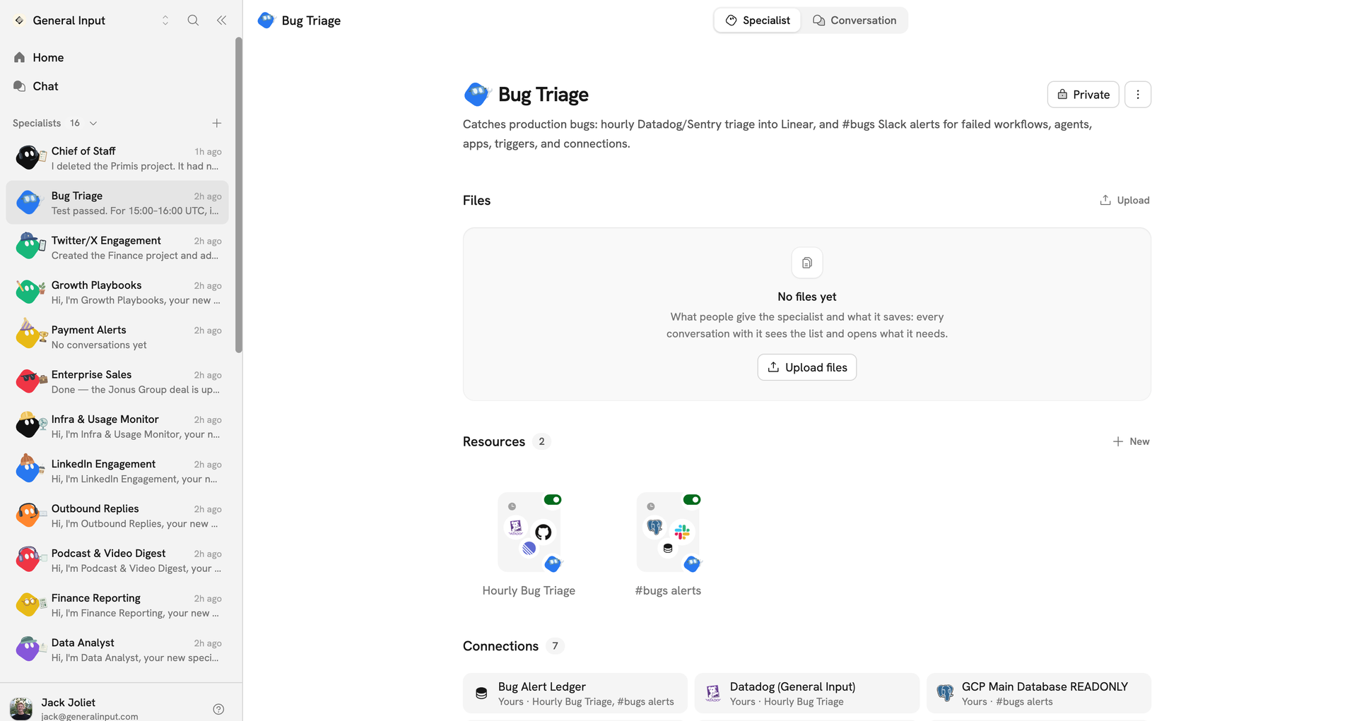 A specialist's page: what it does, the files it works from, the workflows it runs, and every account it's connected to
