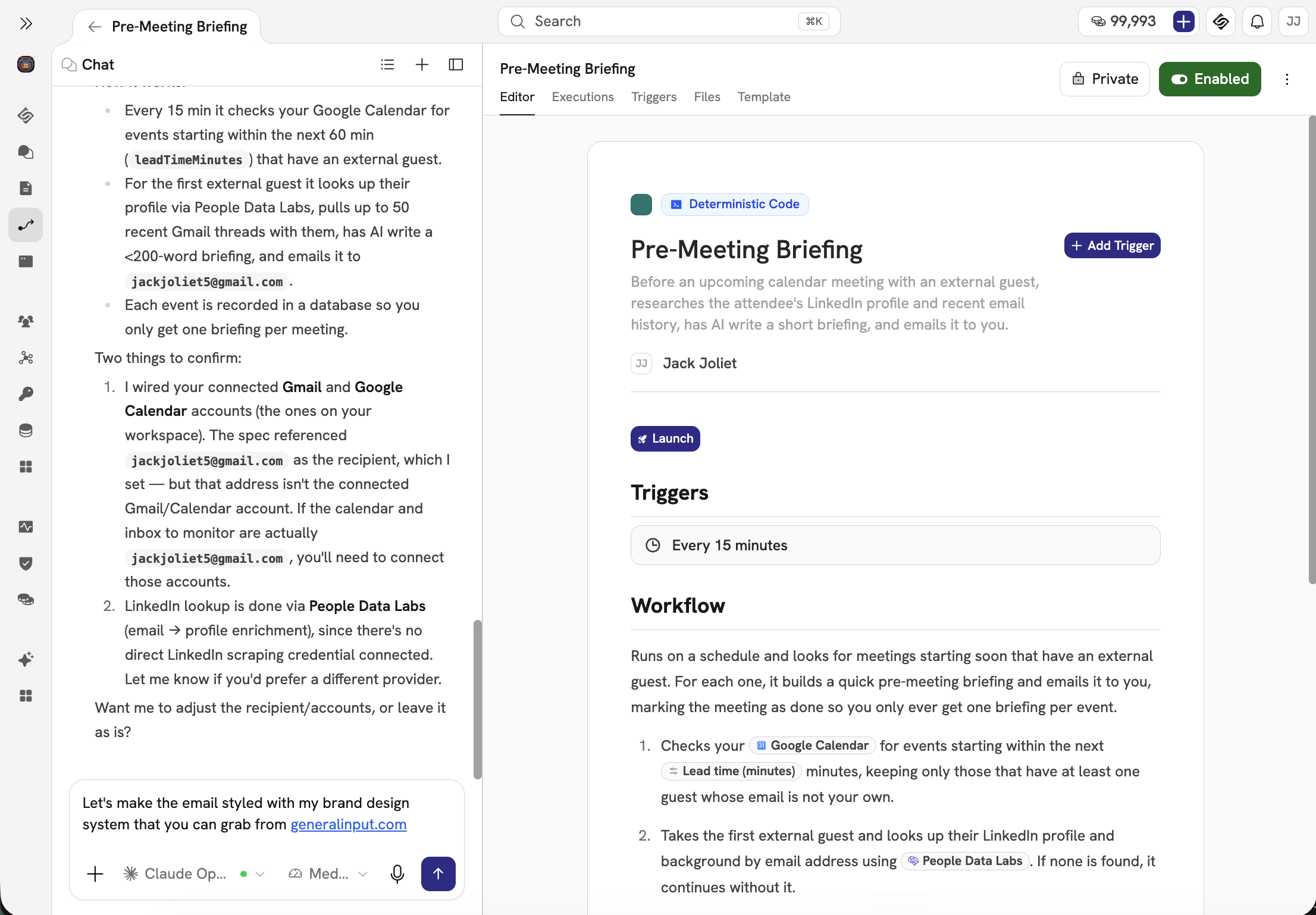 The enabled workflow with the chat open for further tweaks