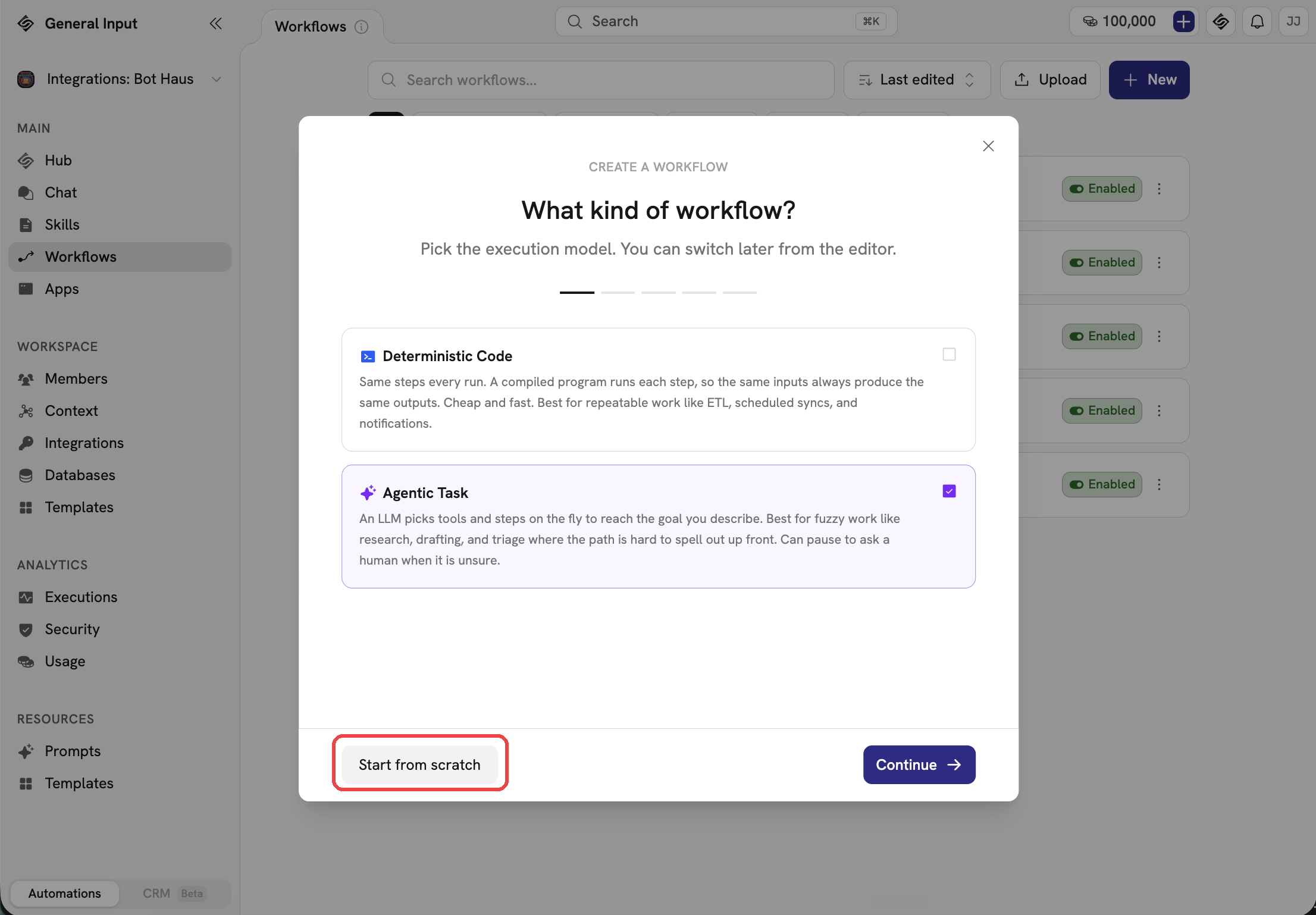 The create a workflow dialog with Agentic Task selected and Start from scratch in the lower left corner