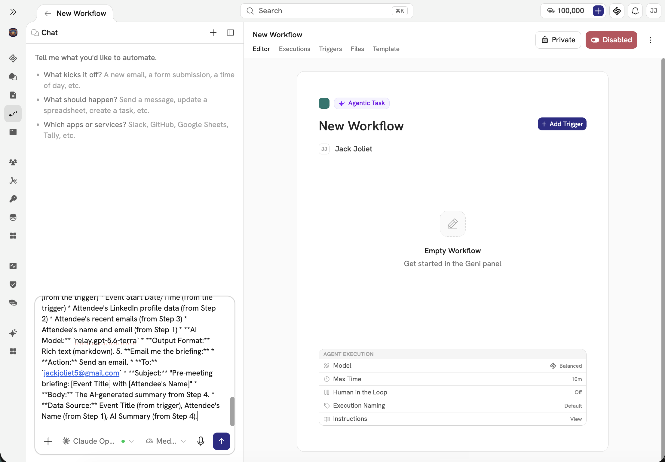A Relay build prompt pasted into the new workflow chat