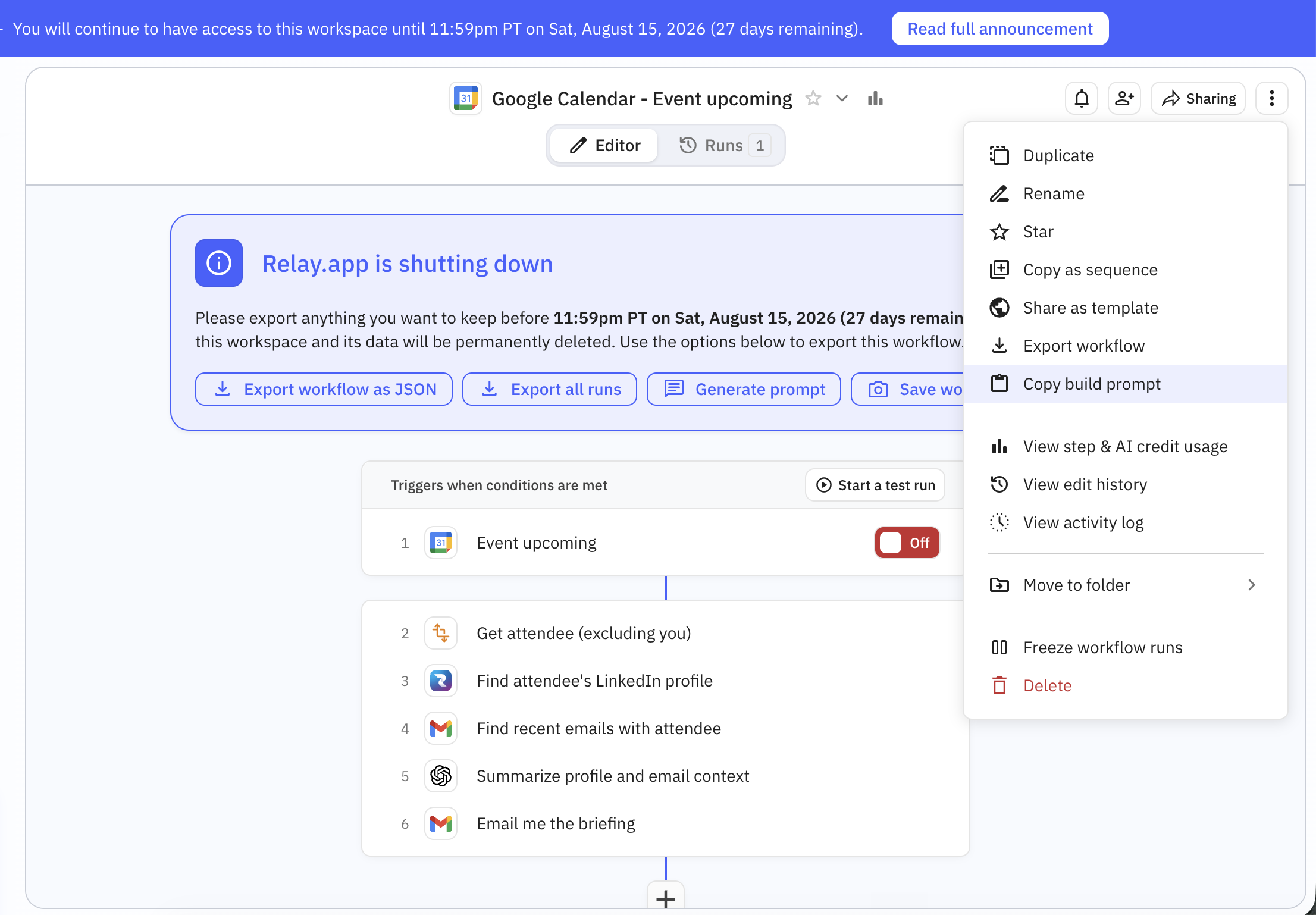 Relay.app's workflow menu with Copy build prompt highlighted