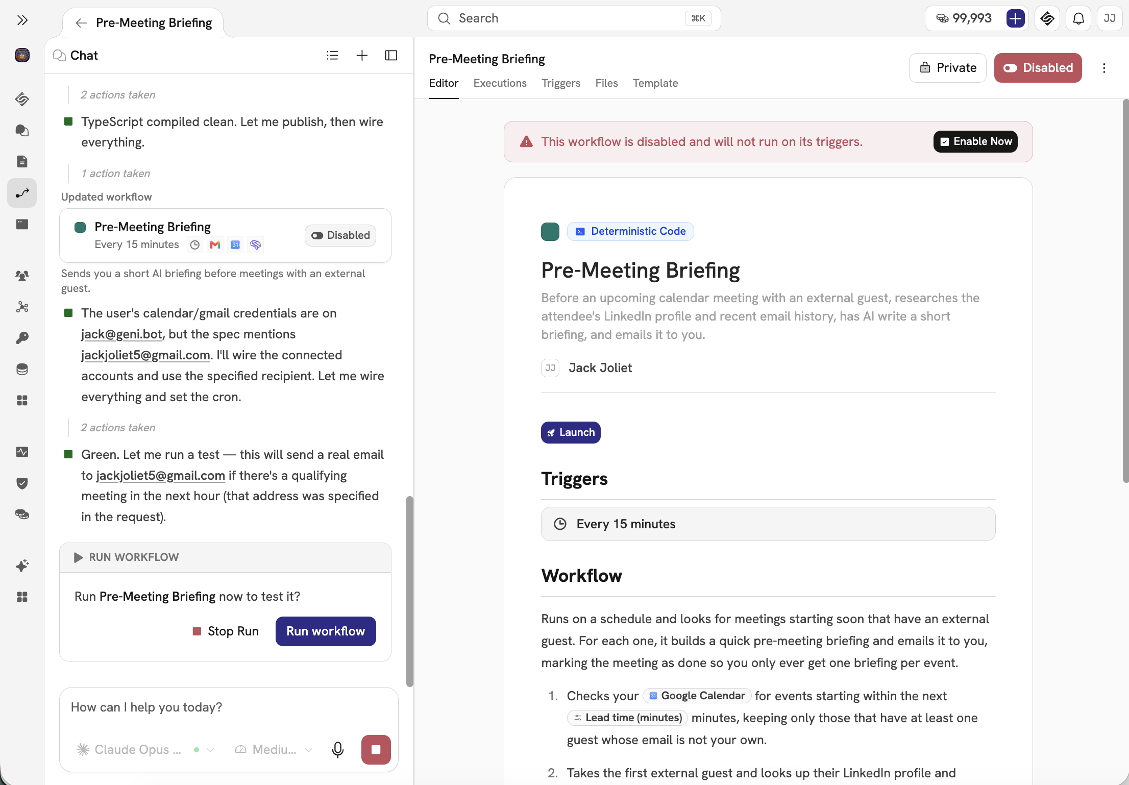 The agent building the workflow from the prompt, with the draft taking shape in the editor
